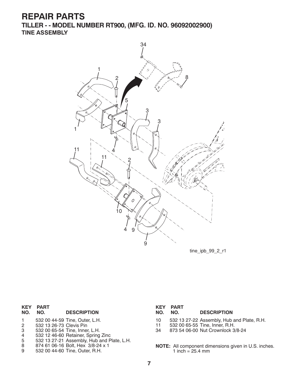 Repair parts | Poulan Pro Rear Tine RT900 User Manual | Page 7 / 10