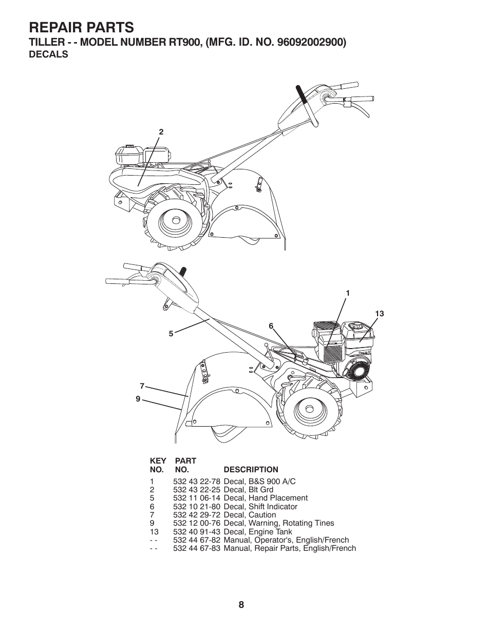 Repair parts | Poulan Pro Rear Tine RT900 User Manual | Page 8 / 10