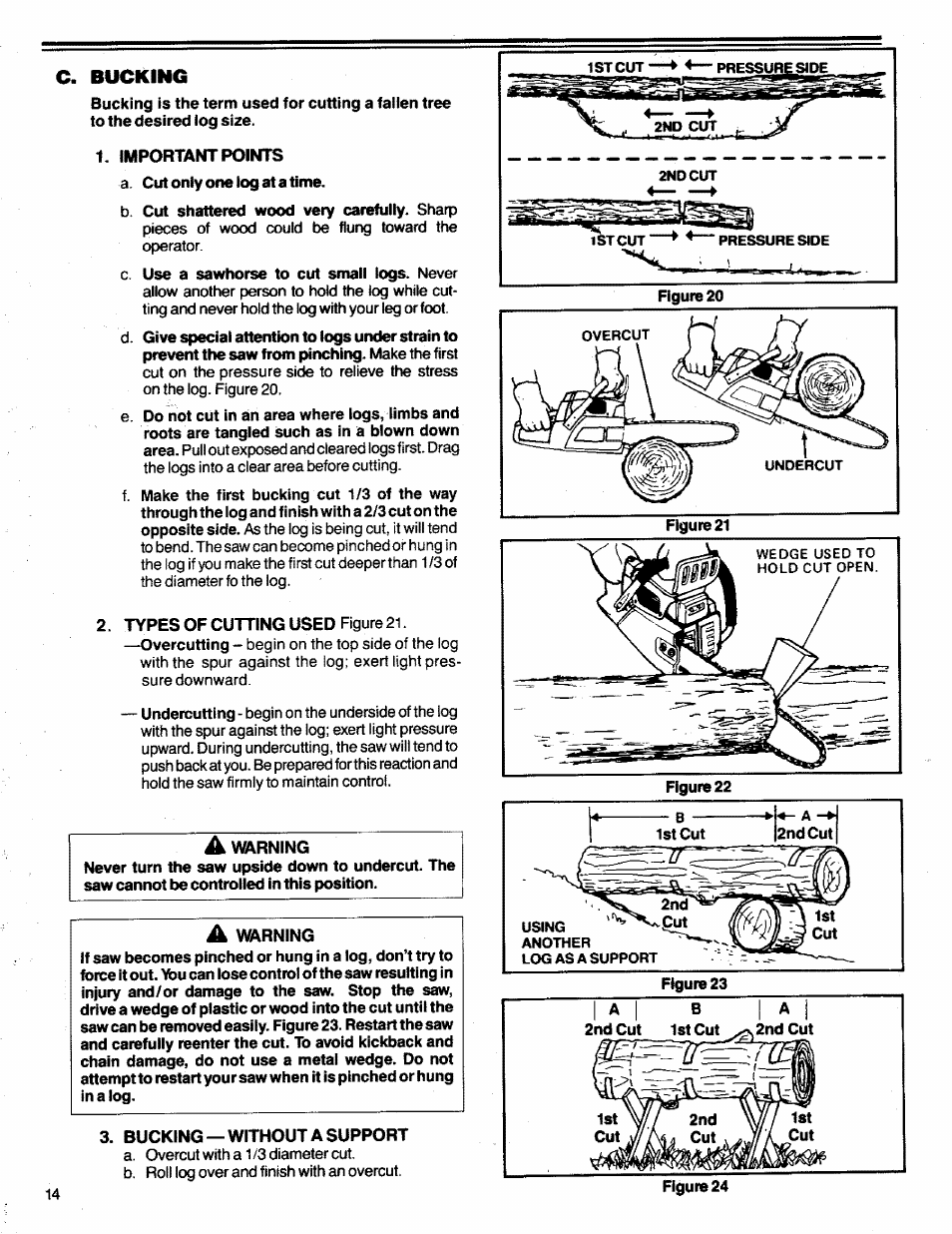 C. bucking, Important points, Types of cutting used figure 21 | Bucking — without a support | Poulan 3300 User Manual | Page 14 / 24