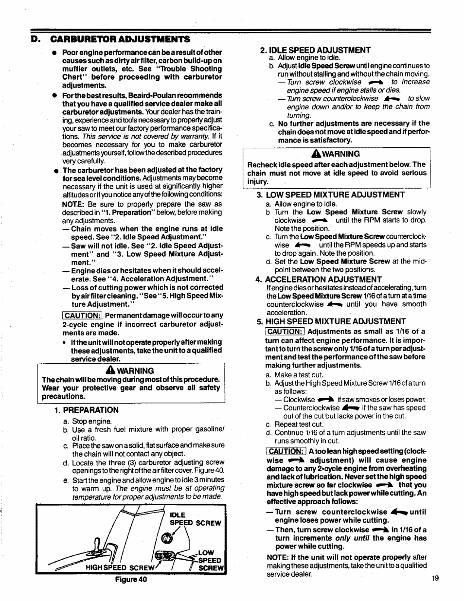 D. carburetor adjustments | Poulan 3300 User Manual | Page 19 / 24