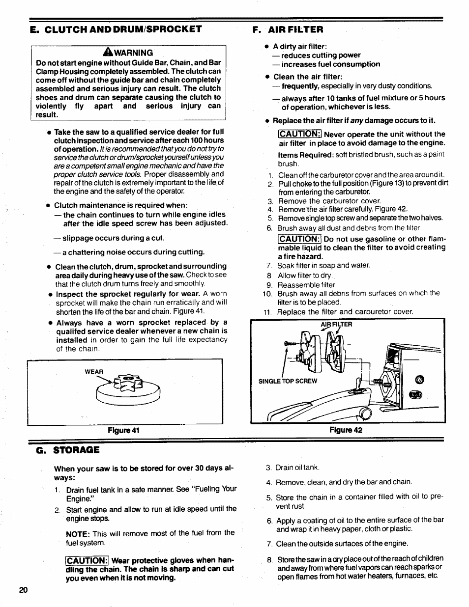 G. storage, Q. storage, E. clutch and drum/sprocket f. air filter | Poulan 3300 User Manual | Page 20 / 24