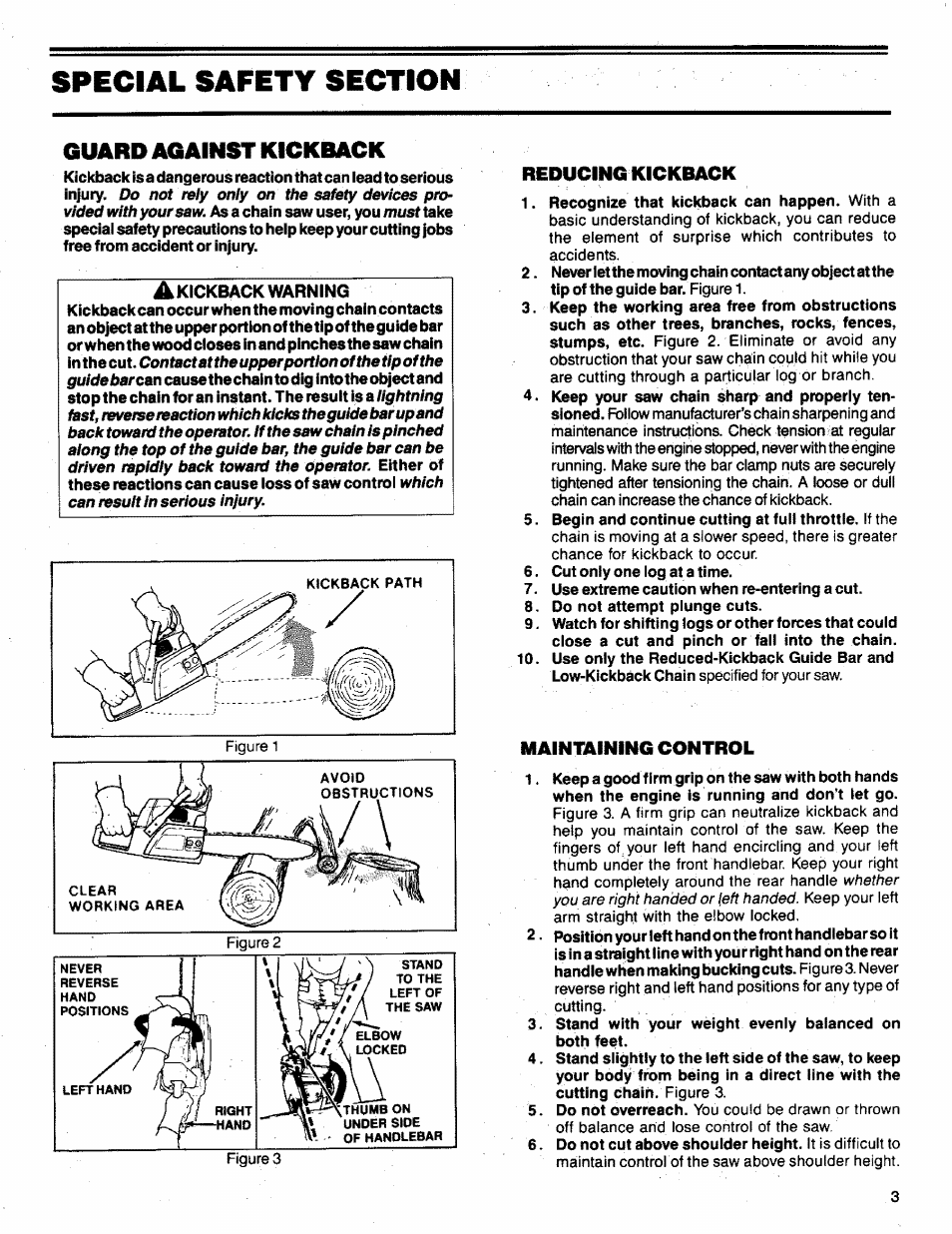 Special safety section, Ikkickback warning, Reducing kickback | Maintaining control, Guard against kickback | Poulan 3300 User Manual | Page 3 / 24