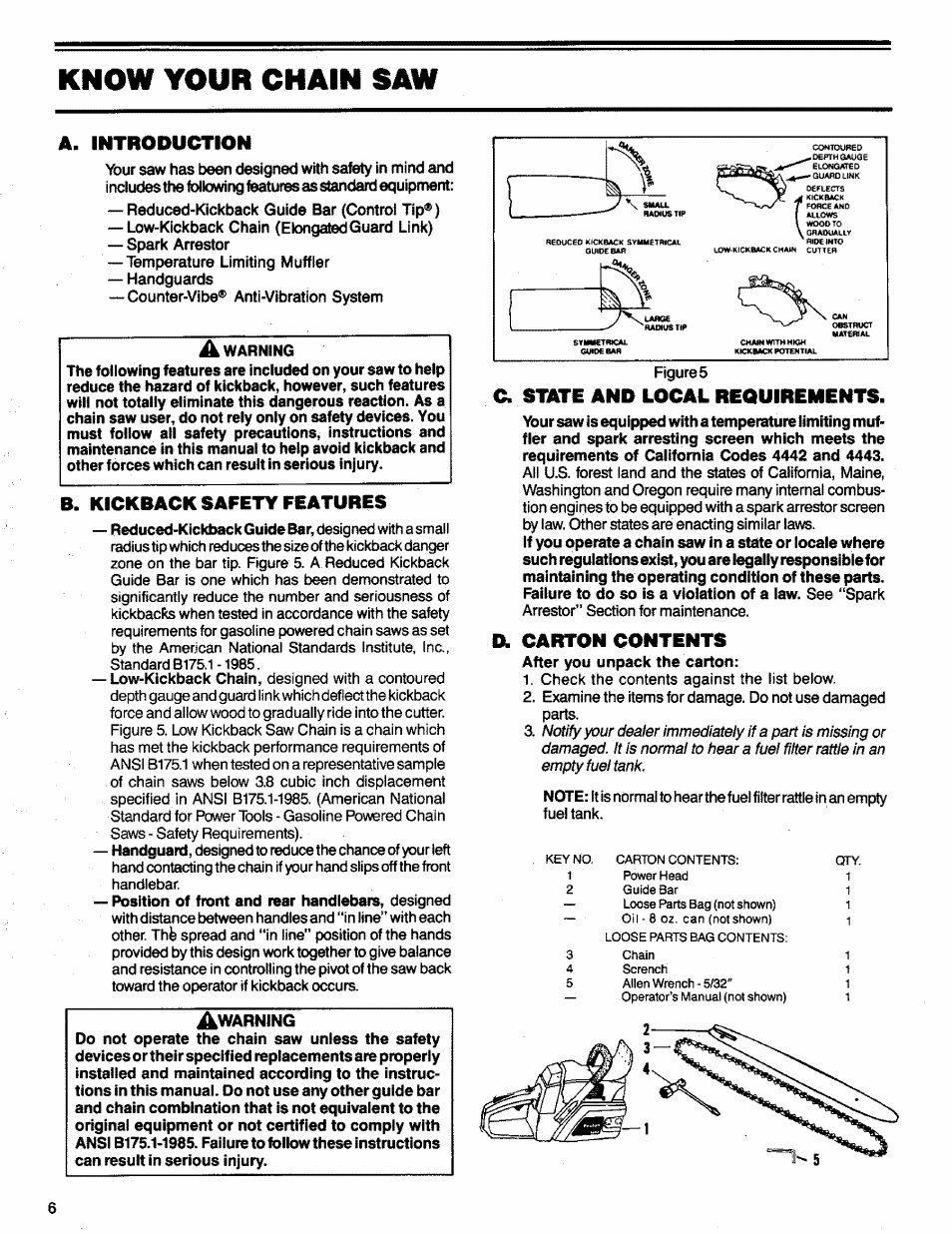 Know your chain saw, Introduction, B. kickback safety features | C. state and local requirements, Carton contents | Poulan 3300 User Manual | Page 6 / 24