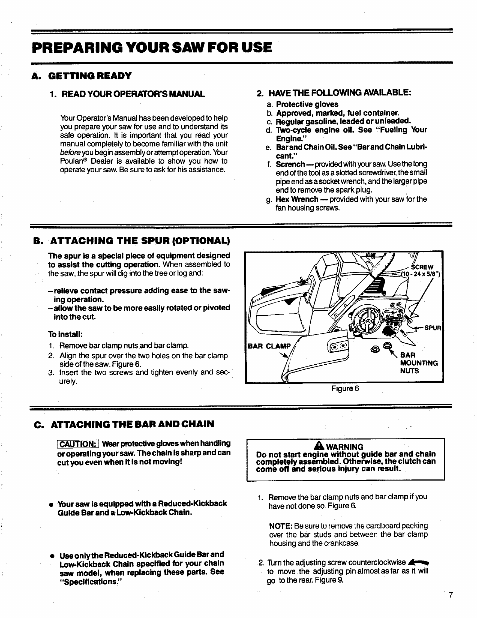 Have the following available, B. attaching the spur {optionali, C. attaching the bar and chain | B. attaching the optional, Spur, C. attaching the bar and, Chain, Raeparing your samt for use, A. getting ready | Poulan 3300 User Manual | Page 7 / 24