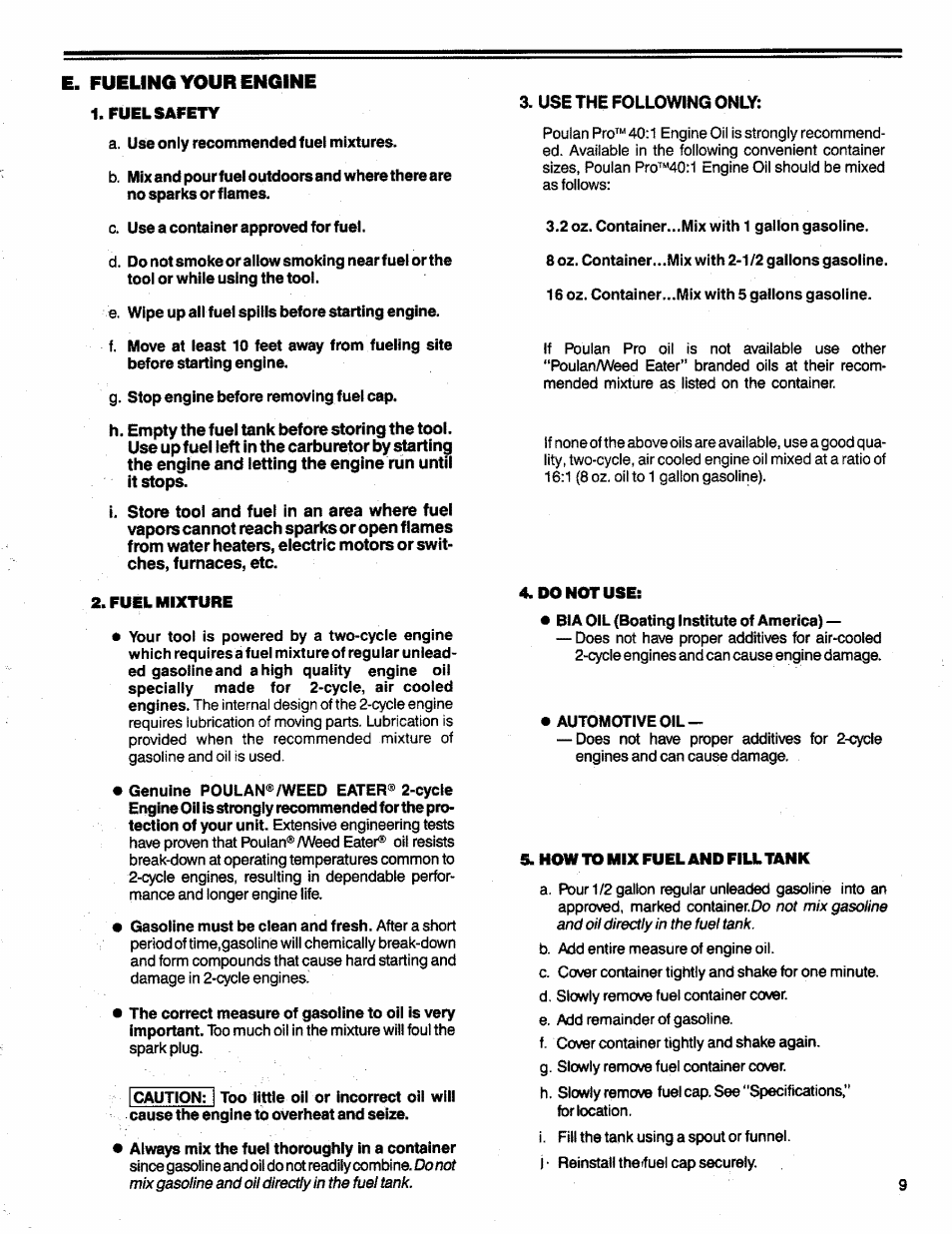 Fueling your engine, E. fueling your engine | Poulan 3300 User Manual | Page 9 / 24