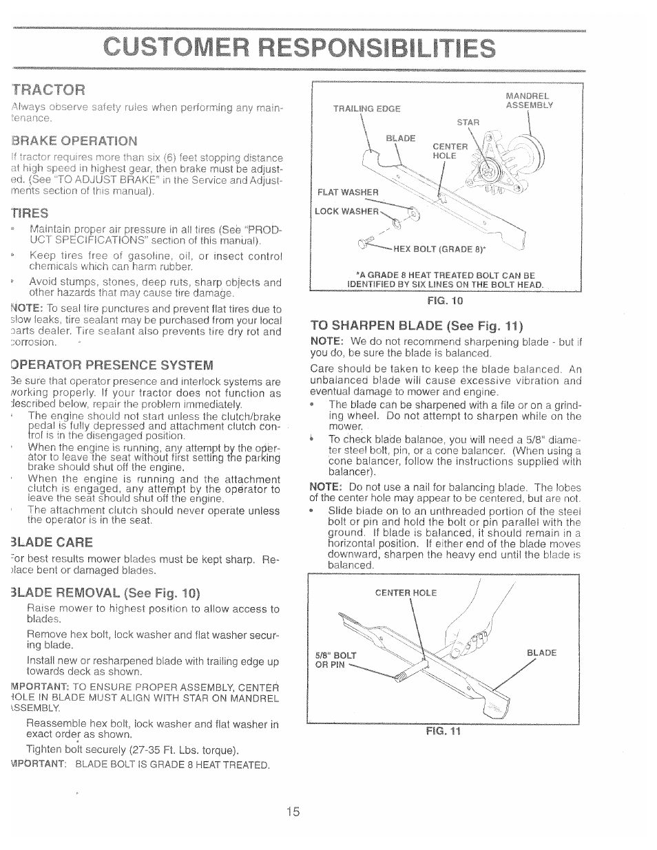 To sharpen blade (see fig. 11), Tractor | Poulan 169087 User Manual | Page 15 / 40