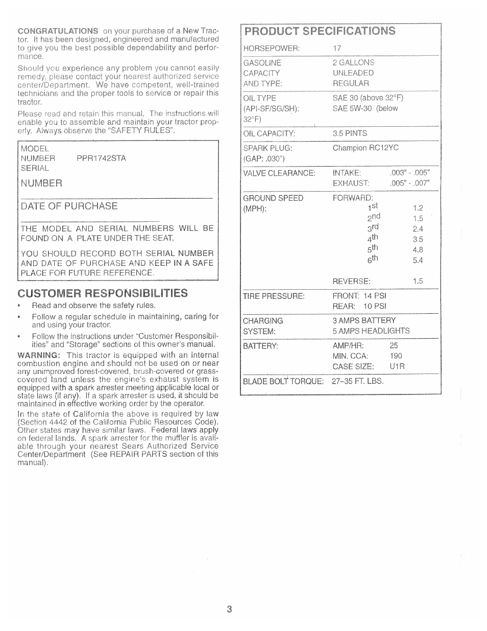 Number, Date of purchase | Poulan 169087 User Manual | Page 3 / 40