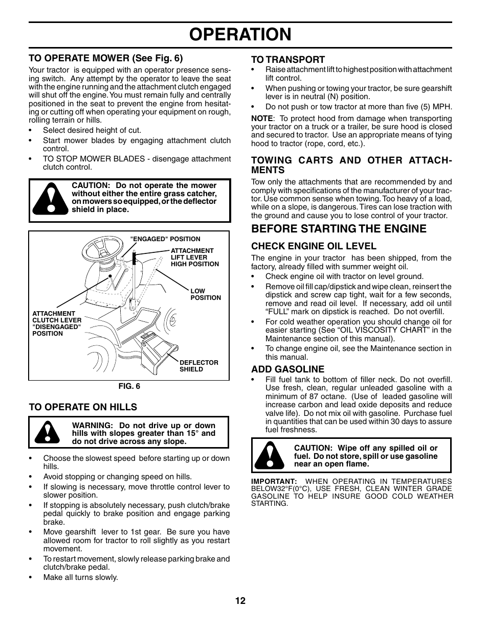 Operation, Before starting the engine | Poulan 191798 User Manual | Page 12 / 28