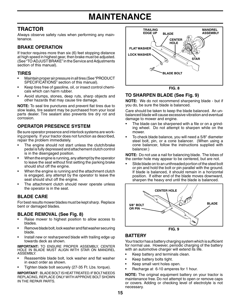 Maintenance, Tractor | Poulan 191798 User Manual | Page 15 / 28