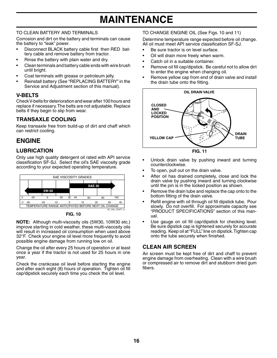 Maintenance, Engine, V-belts | Transaxle cooling, Lubrication, Clean air screen | Poulan 191798 User Manual | Page 16 / 28