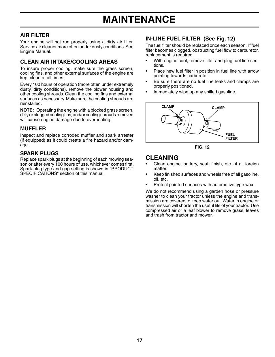 Maintenance, Cleaning | Poulan 191798 User Manual | Page 17 / 28