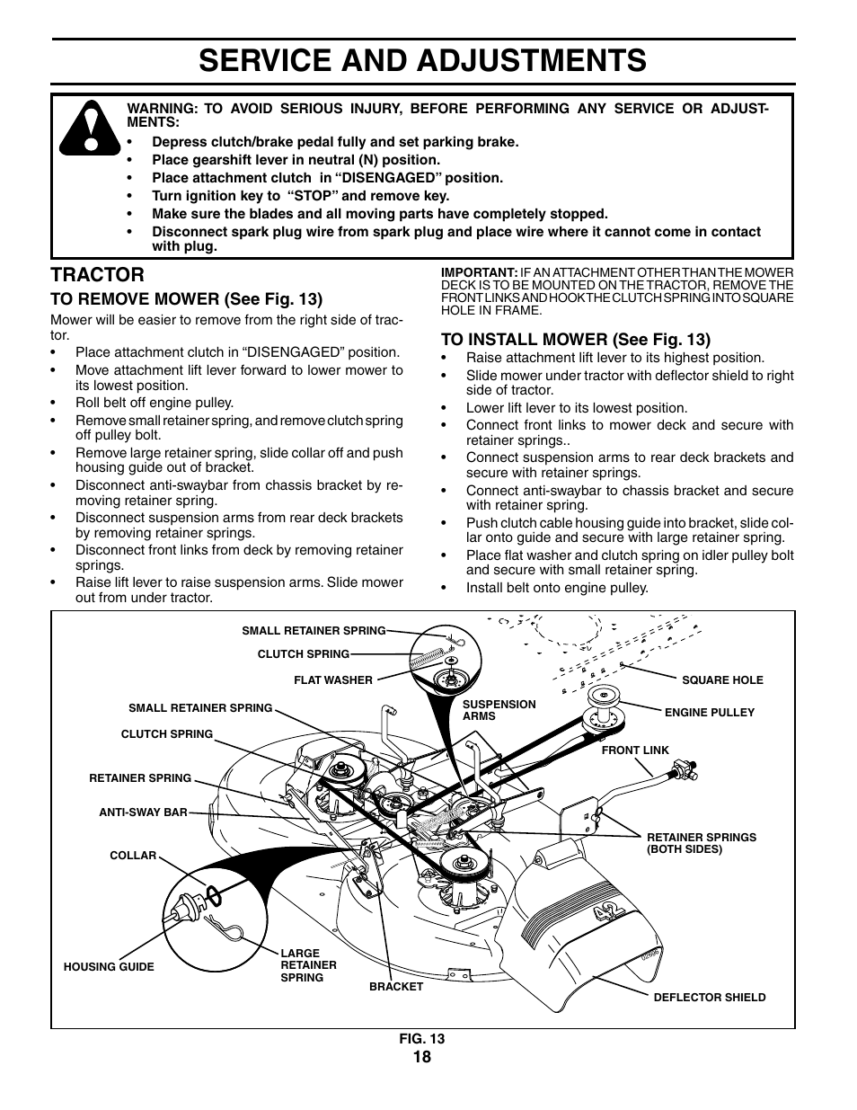 Service and adjustments, Tractor | Poulan 191798 User Manual | Page 18 / 28