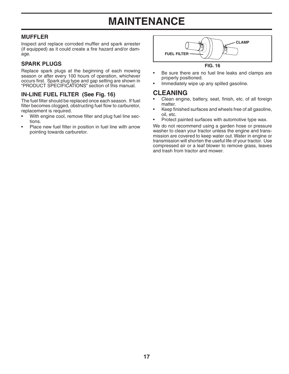 Maintenance, Cleaning | Poulan 404402 User Manual | Page 17 / 30
