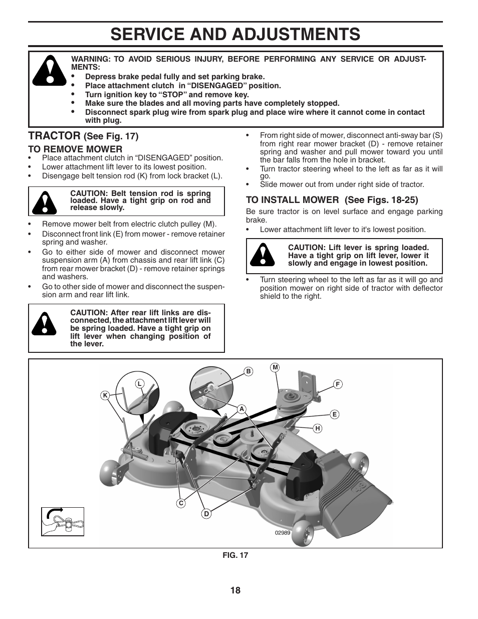 Service and adjustments, Tractor | Poulan 404402 User Manual | Page 18 / 30