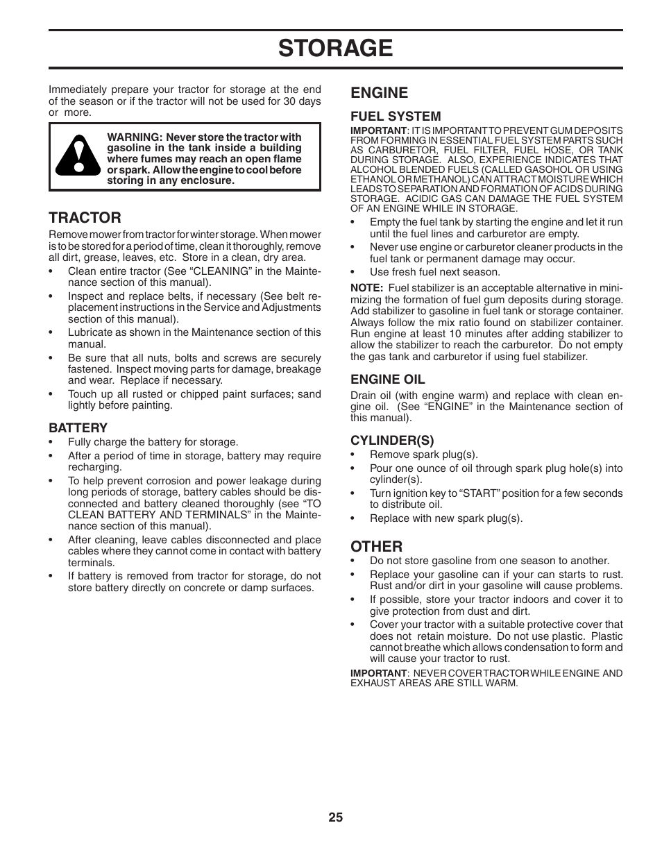 Storage, Tractor, Engine | Other | Poulan 404402 User Manual | Page 25 / 30