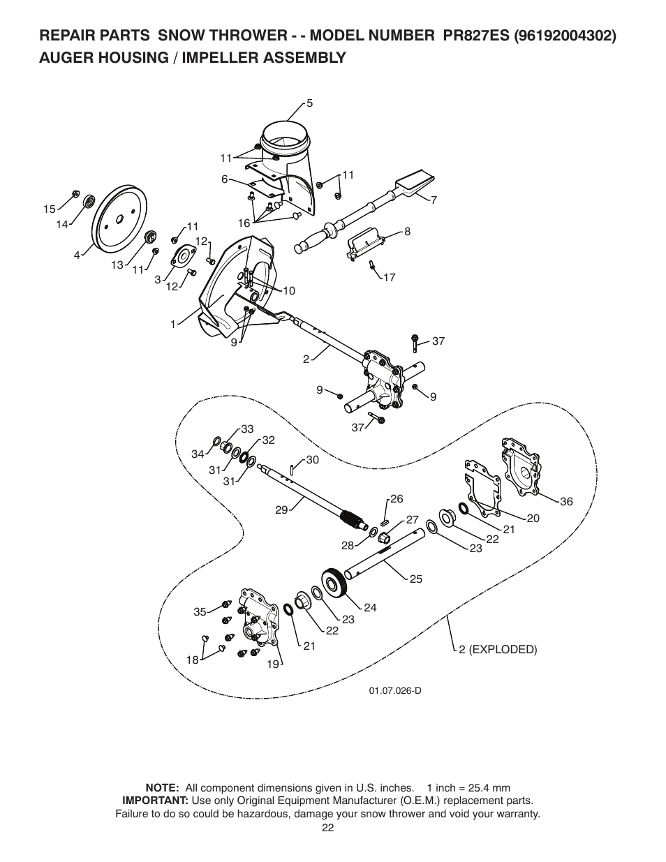 Repair parts, Auger housing / impeller assembly | Poulan 96192004302 User Manual | Page 22 / 44