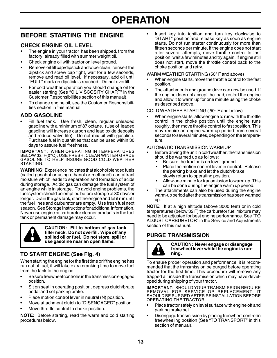 Operation, Before starting the engine | Poulan 178379 User Manual | Page 13 / 48