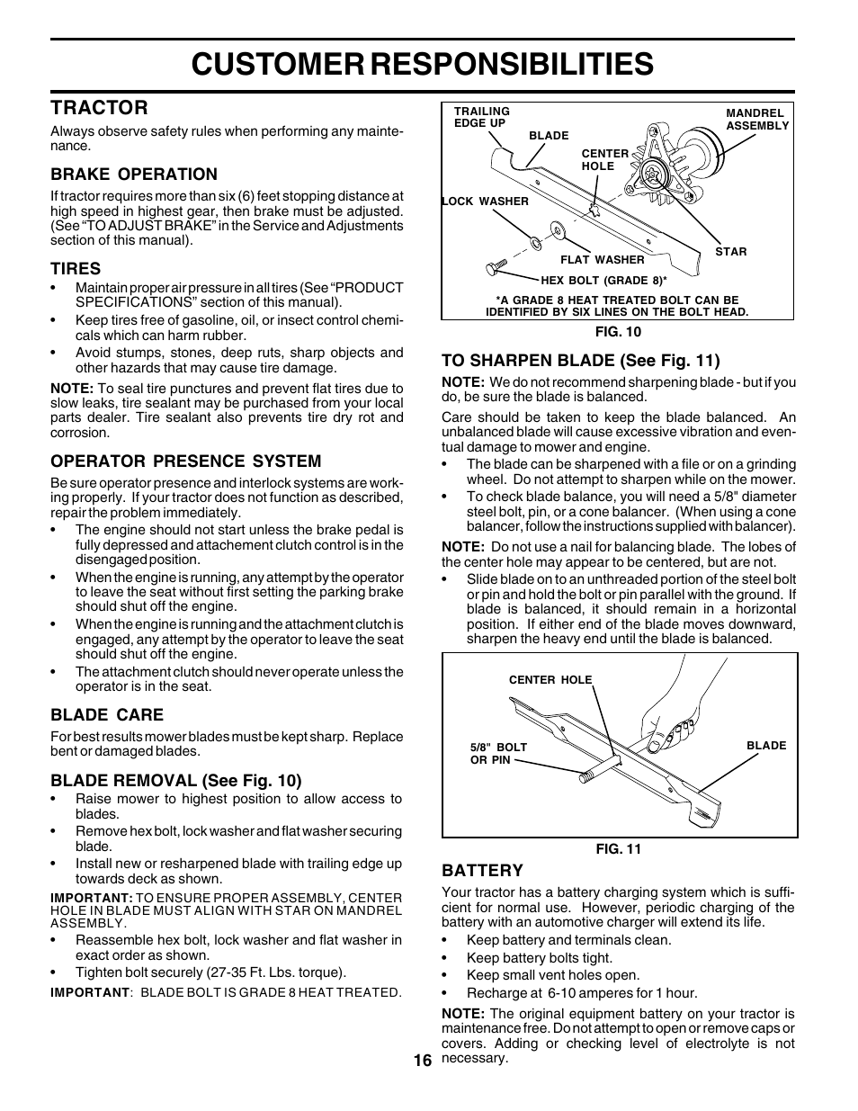 Customer responsibilities, Tractor | Poulan 178379 User Manual | Page 16 / 48