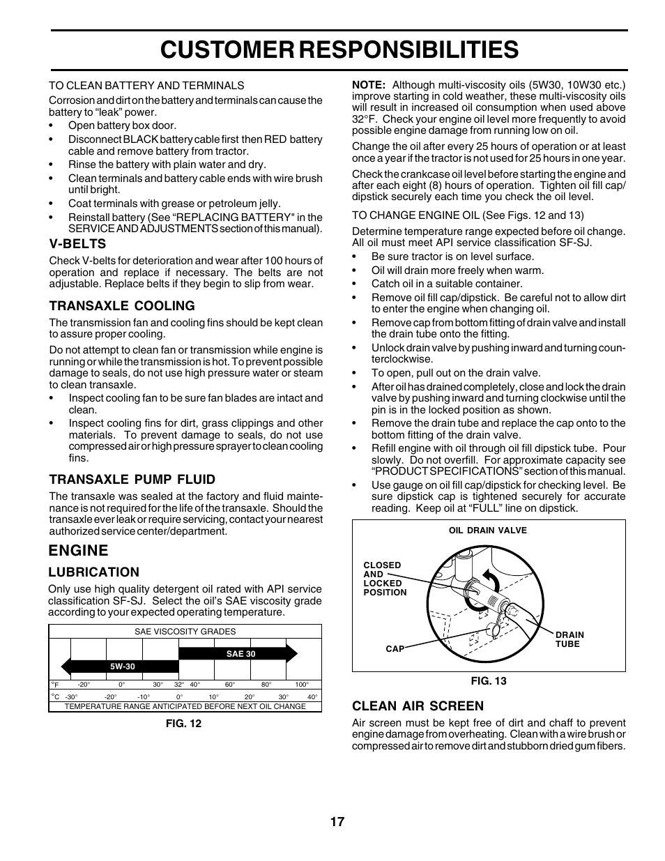 Customer responsibilities, Engine, V-belts | Transaxle cooling, Transaxle pump fluid, Lubrication, Clean air screen | Poulan 178379 User Manual | Page 17 / 48
