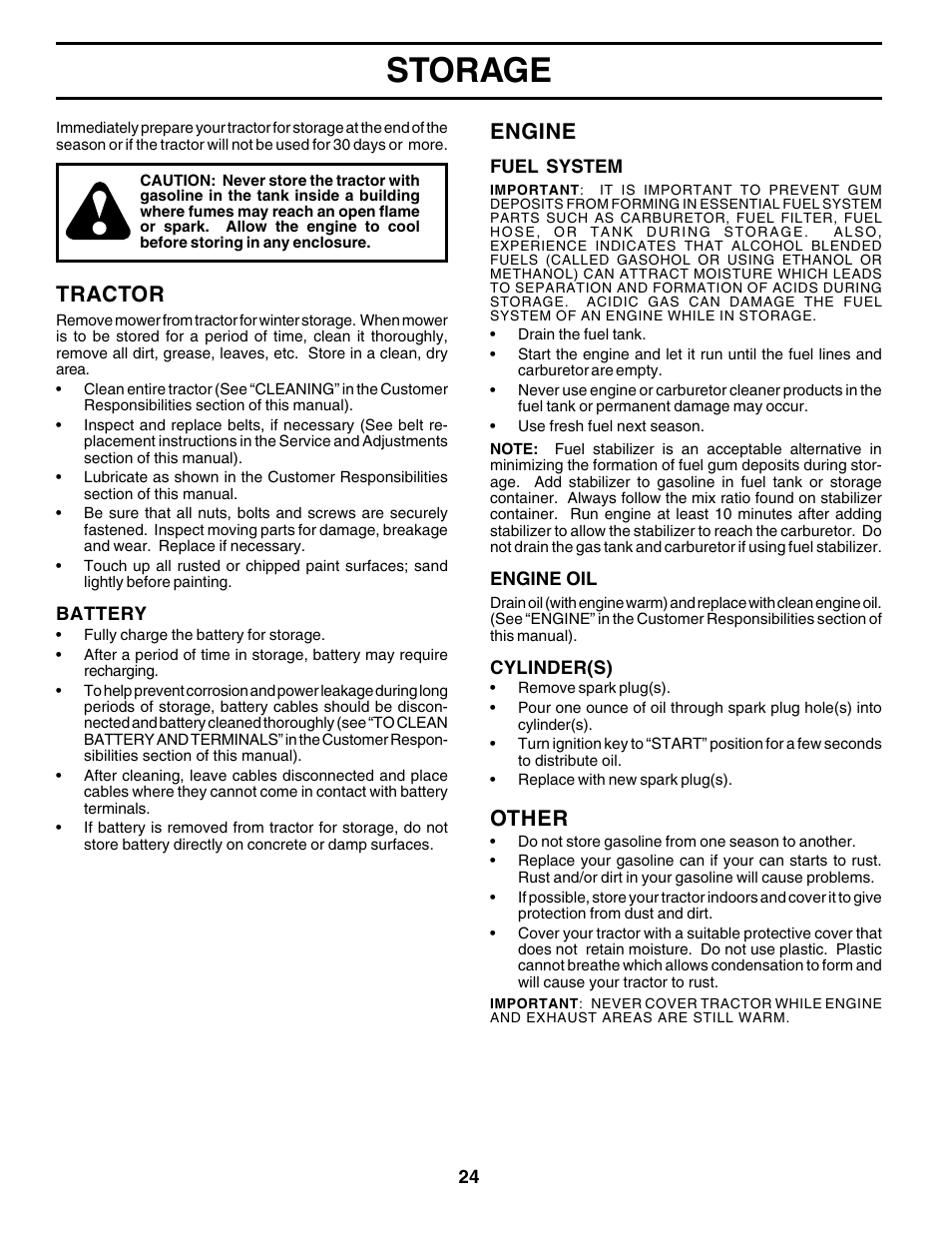 Storage, Tractor, Engine | Other | Poulan 178379 User Manual | Page 24 / 48