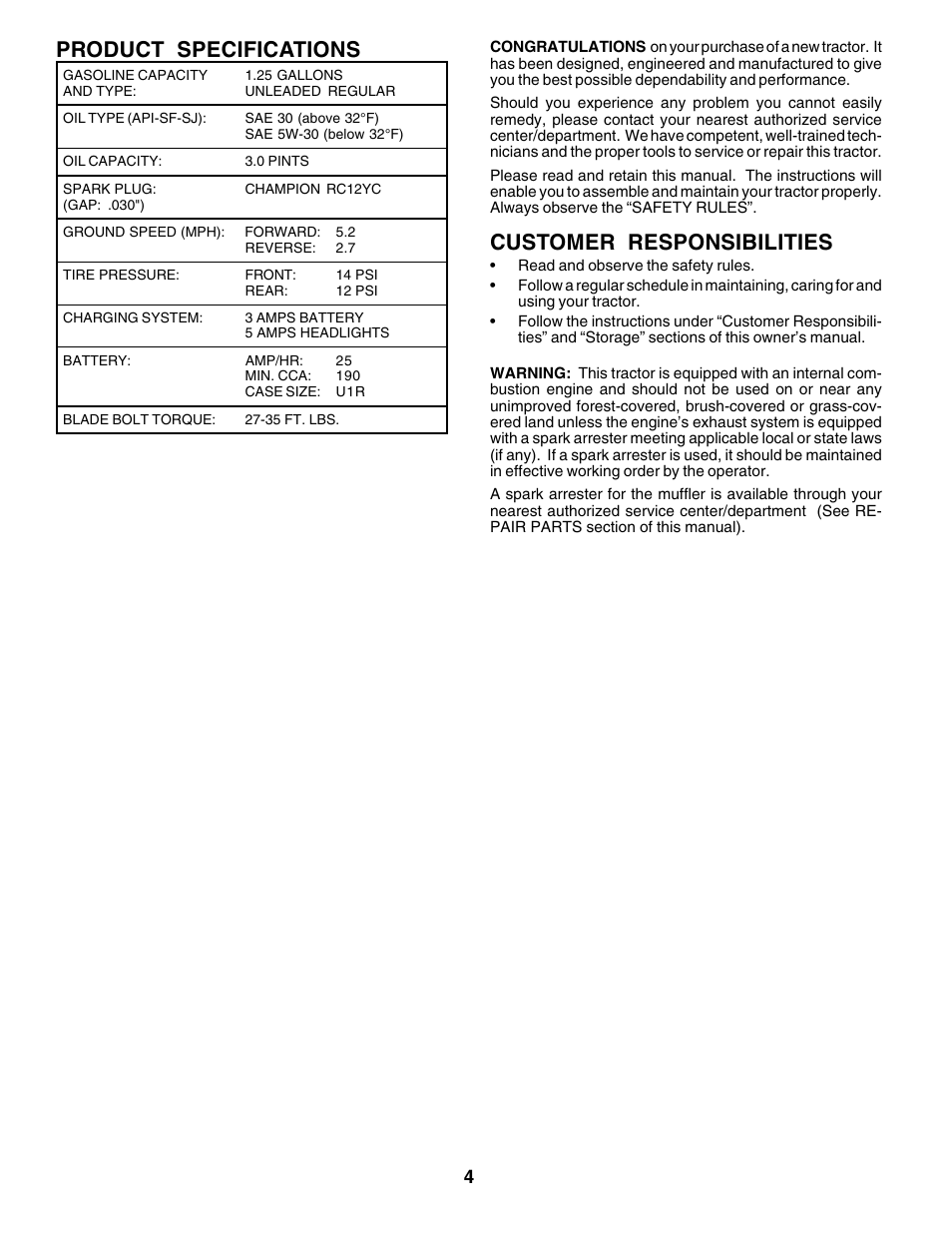 Product specifications, Customer responsibilities | Poulan 178379 User Manual | Page 4 / 48