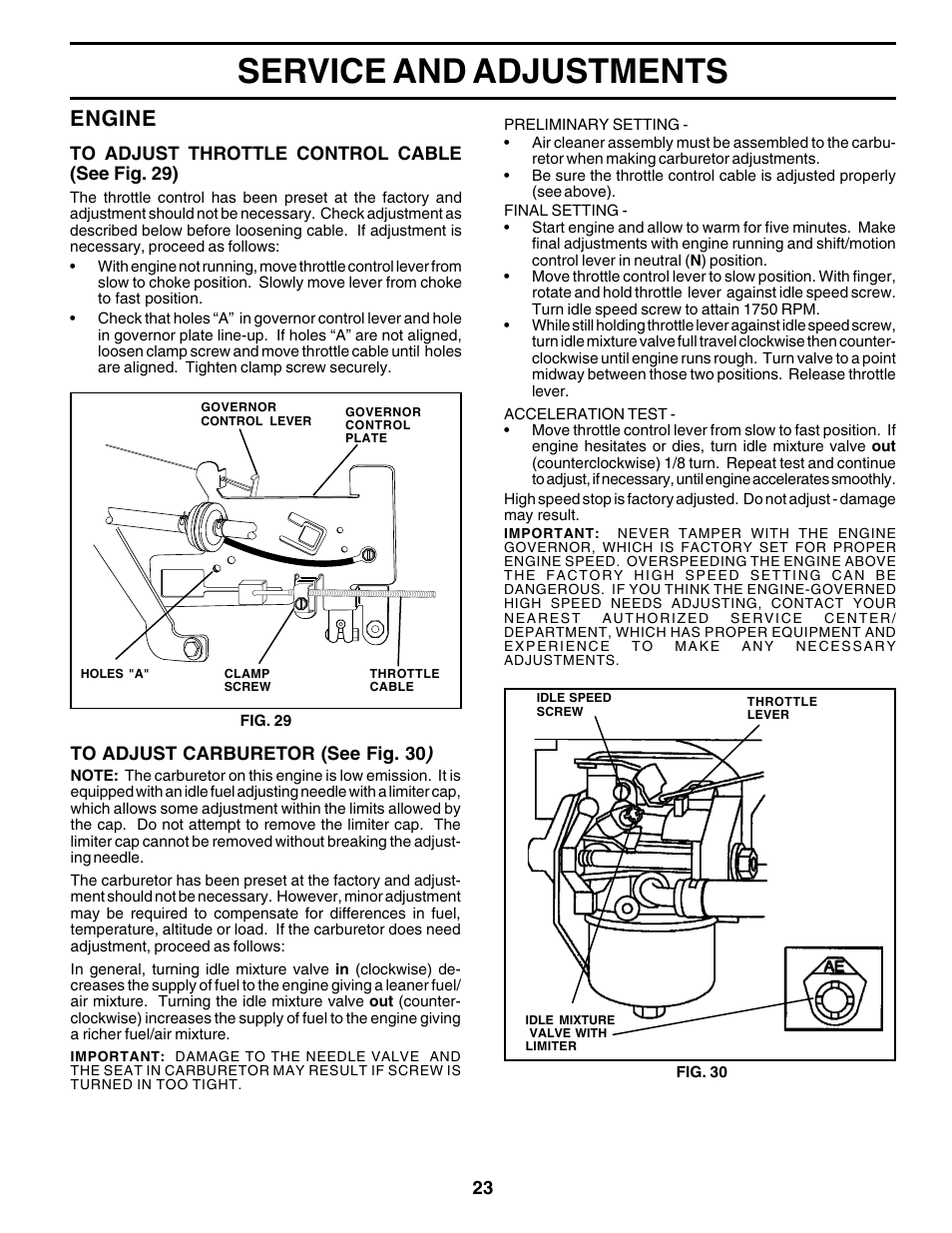 Service and adjustments, Engine | Poulan 176038 User Manual | Page 23 / 48