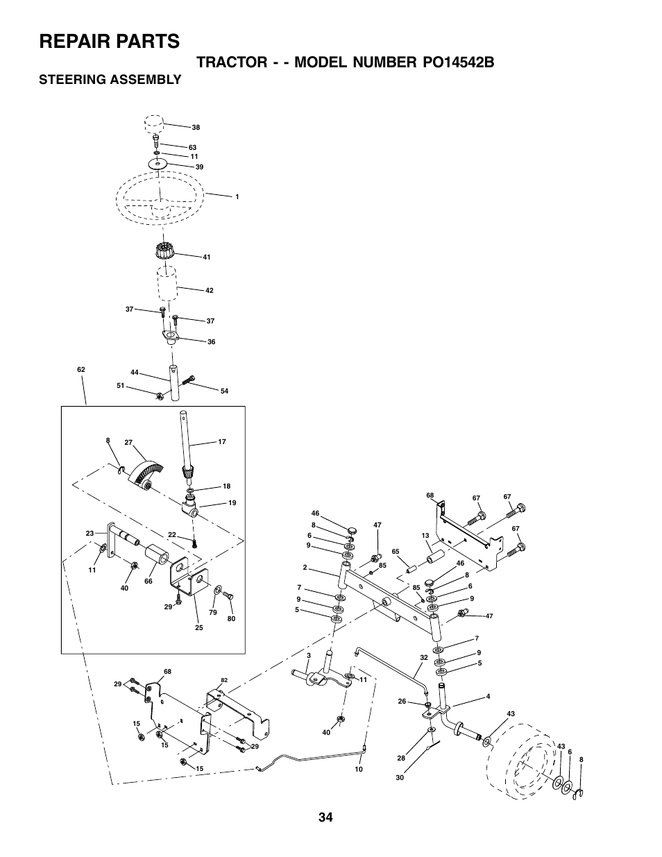 Repair parts, Steering assembly | Poulan 176038 User Manual | Page 34 / 48