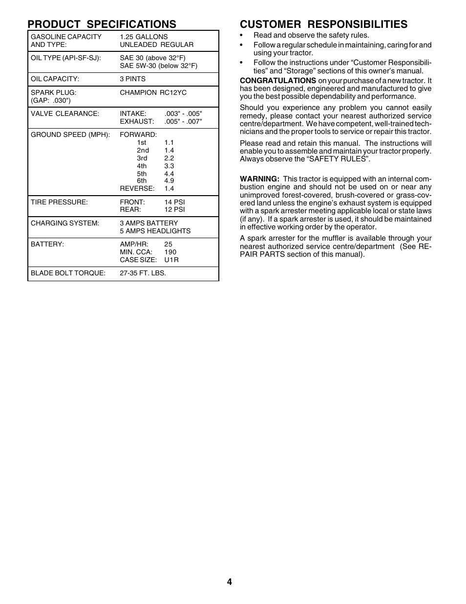 Product specifications, Customer responsibilities | Poulan 176038 User Manual | Page 4 / 48