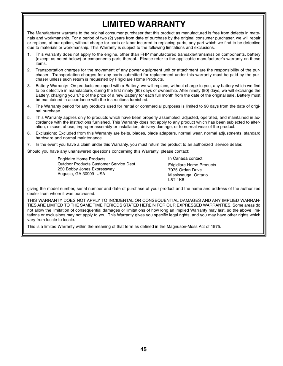 Limited warranty | Poulan 176038 User Manual | Page 45 / 48
