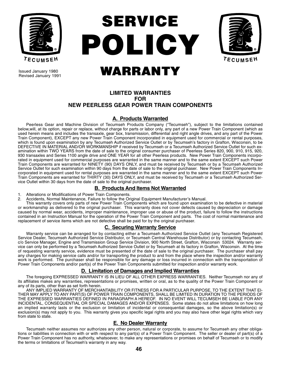 Policy, Service, Warranty | Poulan 176038 User Manual | Page 46 / 48