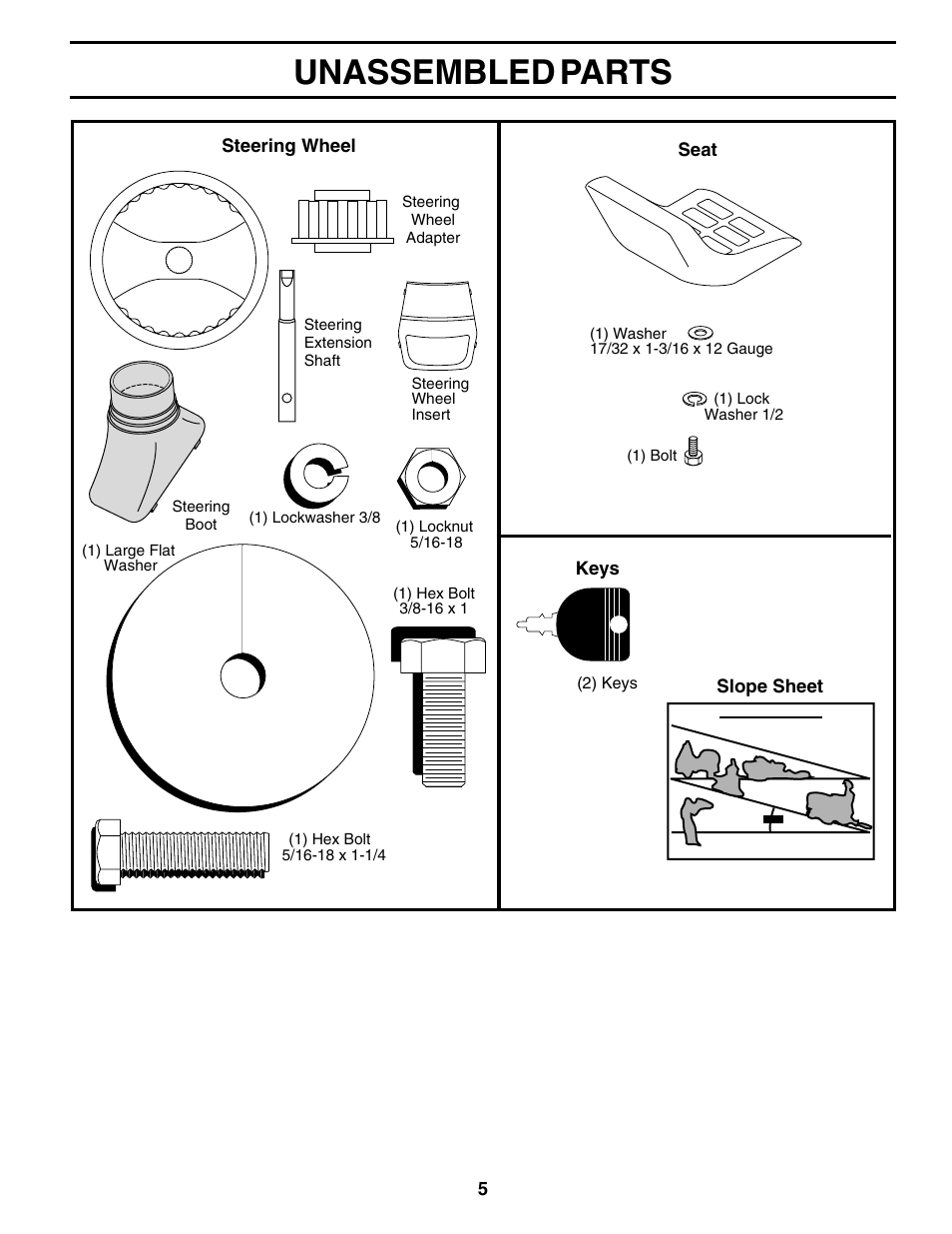 Unassembled parts | Poulan 176038 User Manual | Page 5 / 48