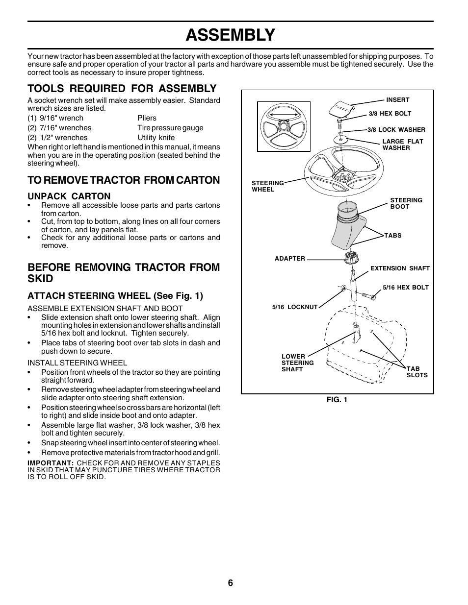 Assembly, Tools required for assembly, Before removing tractor from skid | Poulan 176038 User Manual | Page 6 / 48