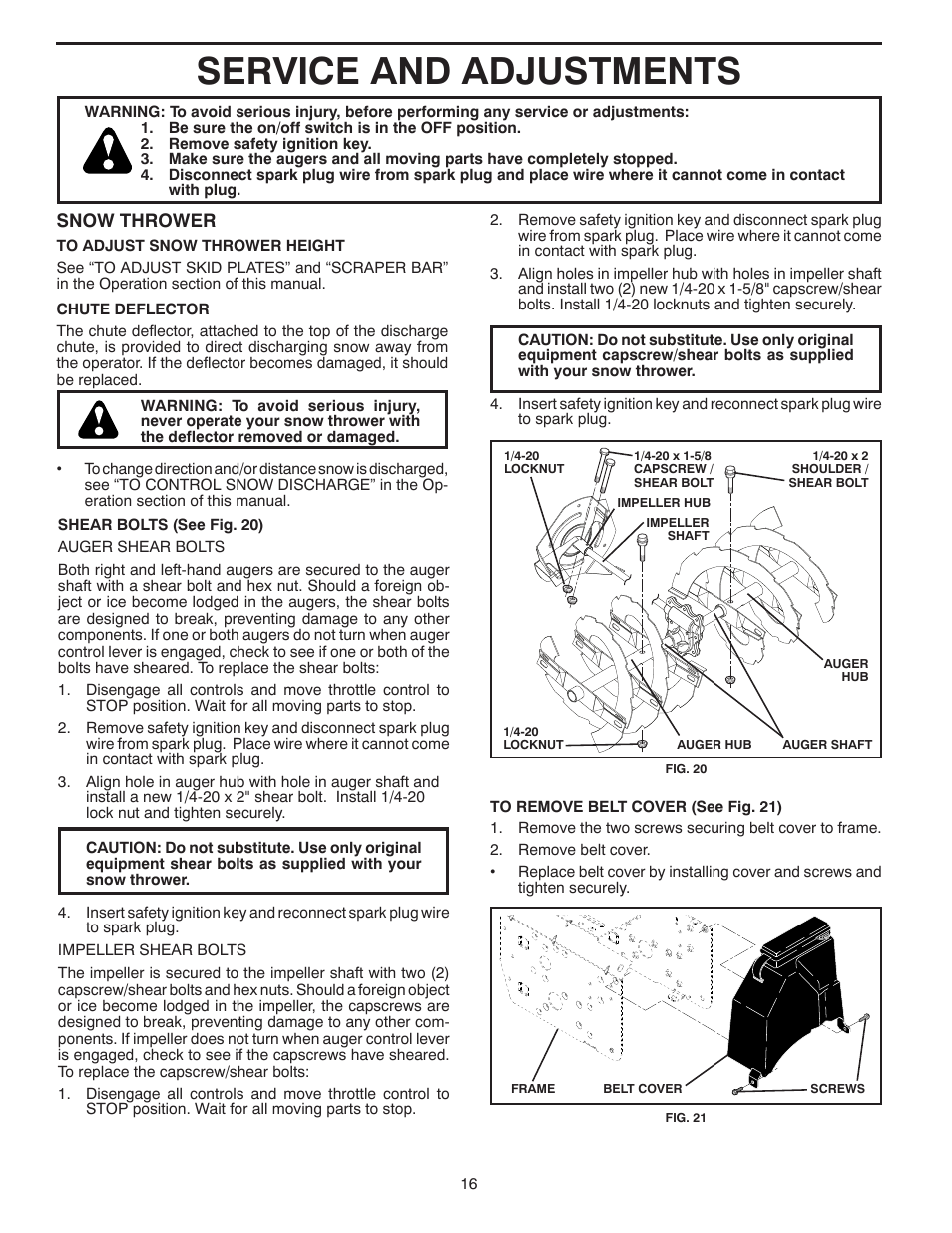 Service and adjustments, Snow thrower | Poulan 437738 User Manual | Page 16 / 44