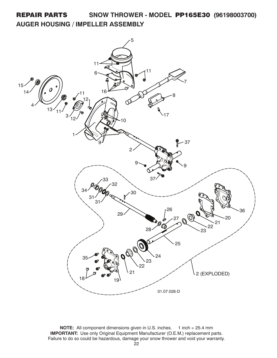 Repair parts, Auger housing / impeller assembly | Poulan 437738 User Manual | Page 22 / 44