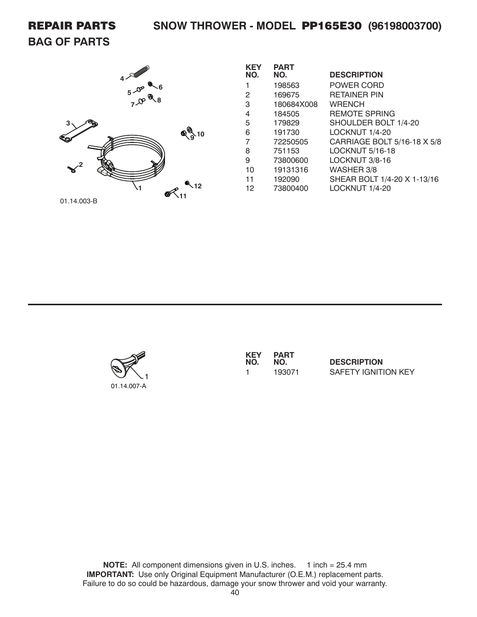 Bag of parts | Poulan 437738 User Manual | Page 40 / 44