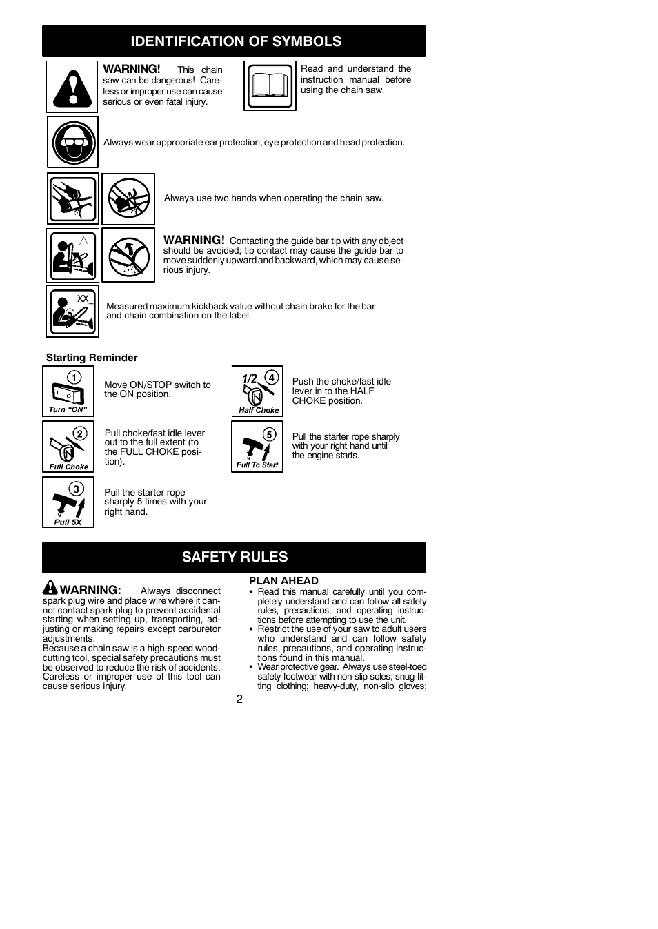 Identification of symbols, Safety rules, Warning | Poulan 545047542 User Manual | Page 2 / 18