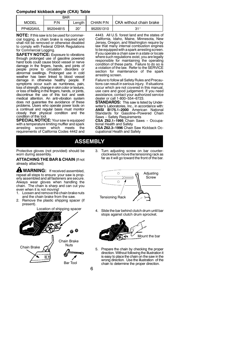 Assembly, Warning | Poulan 545047542 User Manual | Page 6 / 18