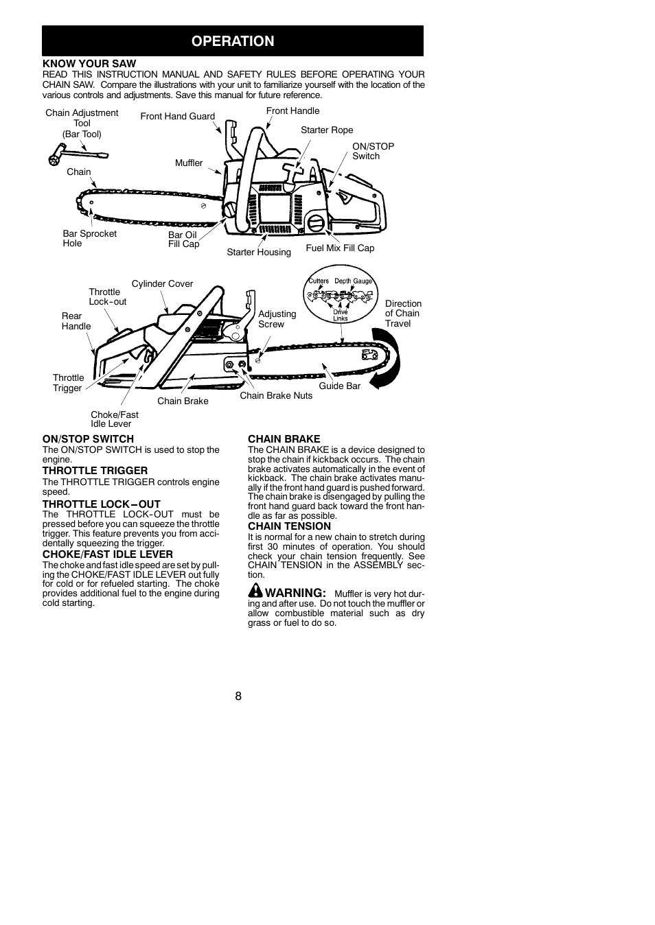 Operation, Warning | Poulan 545047542 User Manual | Page 8 / 18