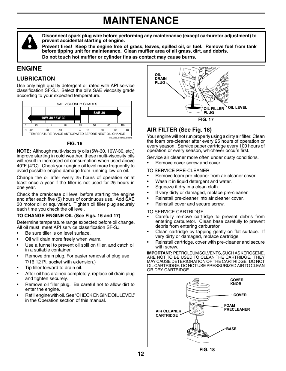 Maintenance, Engine, Lubrication | Air filter (see fig. 18) | Poulan 188904 User Manual | Page 12 / 28