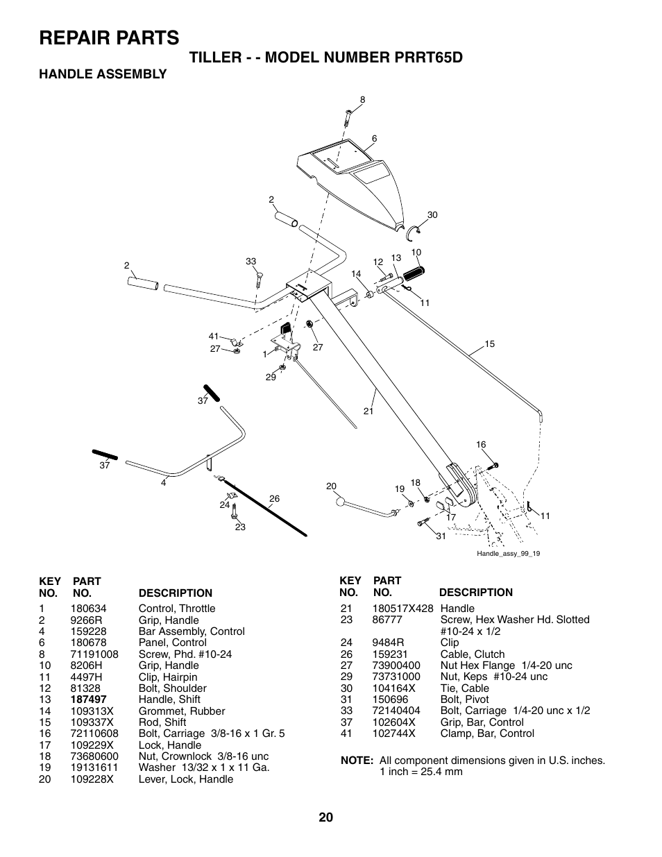 Repair parts, Tiller - - model number prrt65d, Handle assembly | Poulan 188904 User Manual | Page 20 / 28