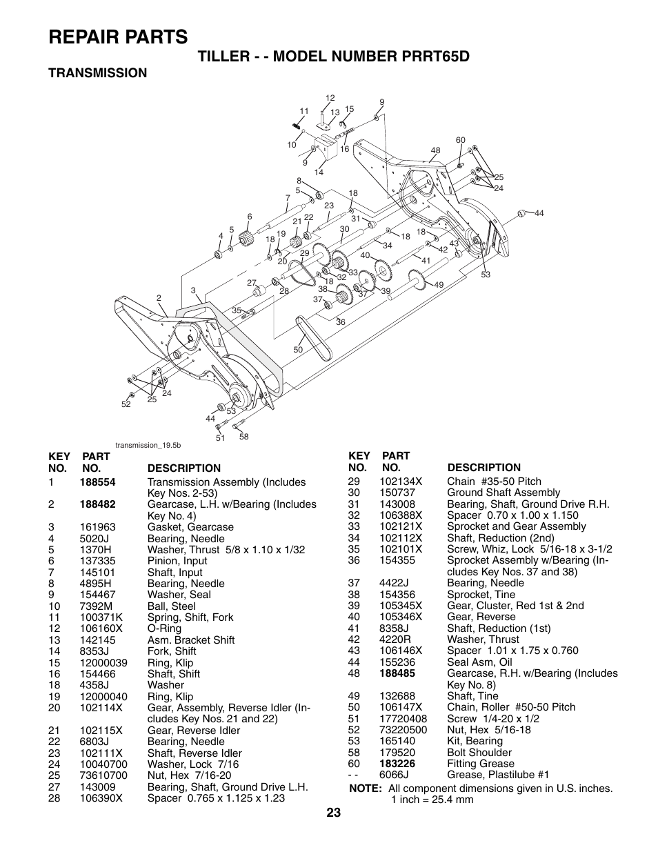 Repair parts, Tiller - - model number prrt65d, Transmission | Poulan 188904 User Manual | Page 23 / 28