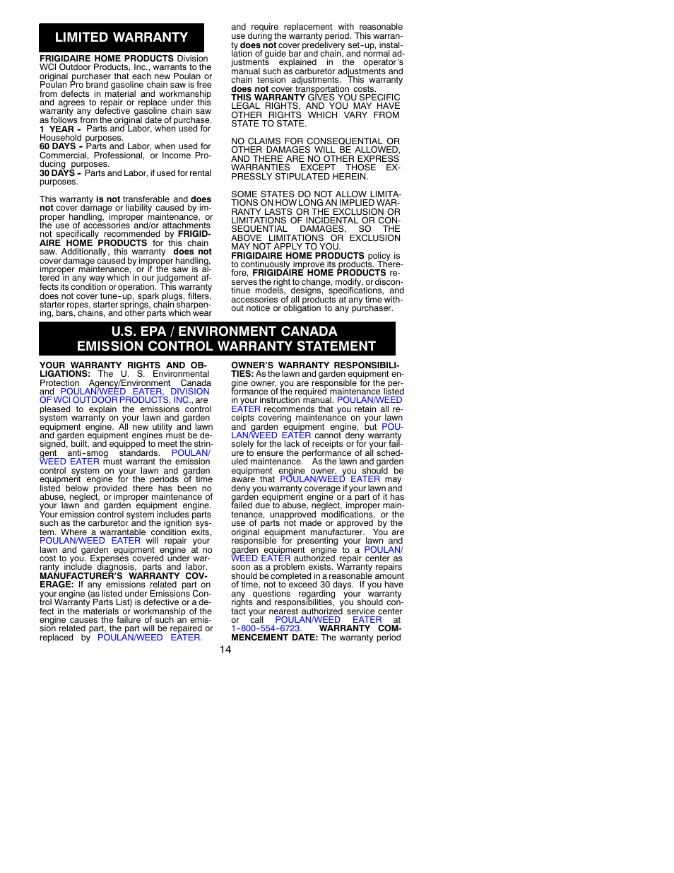 Limited warranty | Poulan Pro 295 User Manual | Page 14 / 15
