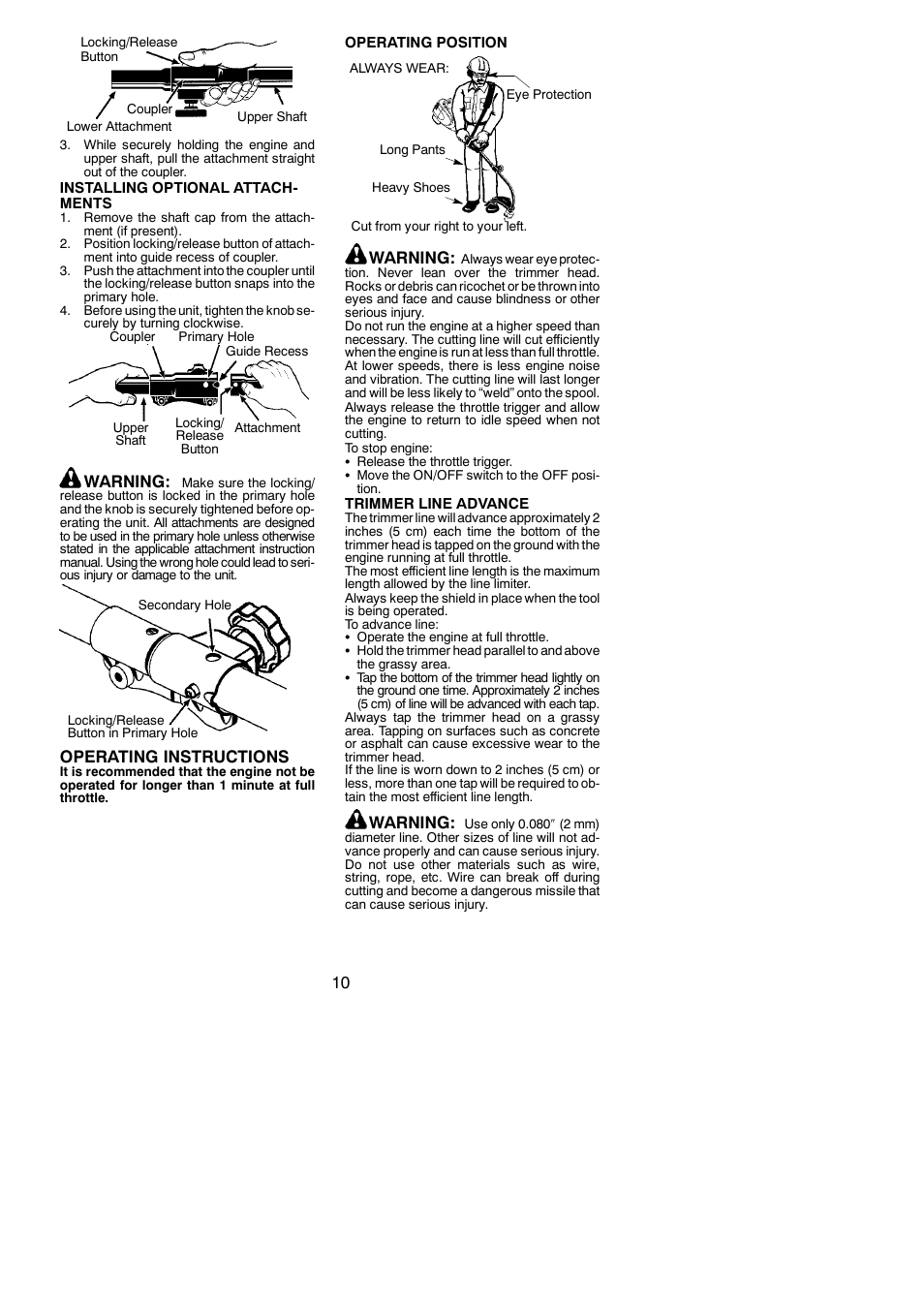 Warning, Operating instructions | Poulan PP025 User Manual | Page 10 / 16