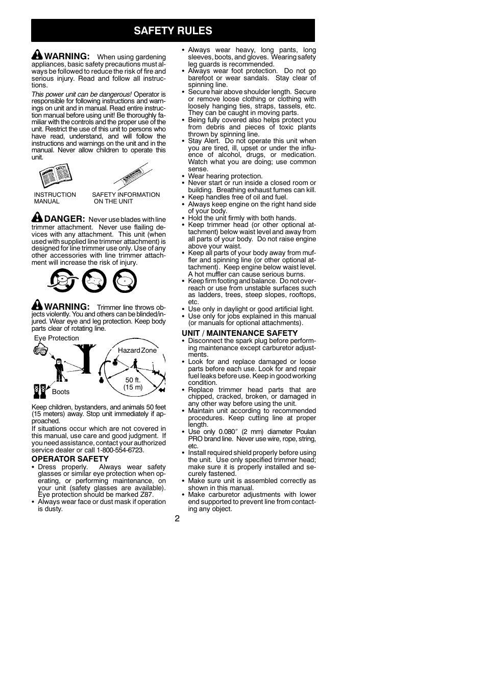 Safety rules, Warning, Danger | Poulan PP025 User Manual | Page 2 / 16