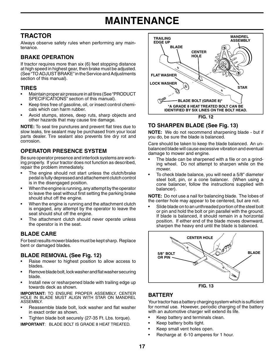 Maintenance, Tractor | Poulan 184617 User Manual | Page 17 / 48