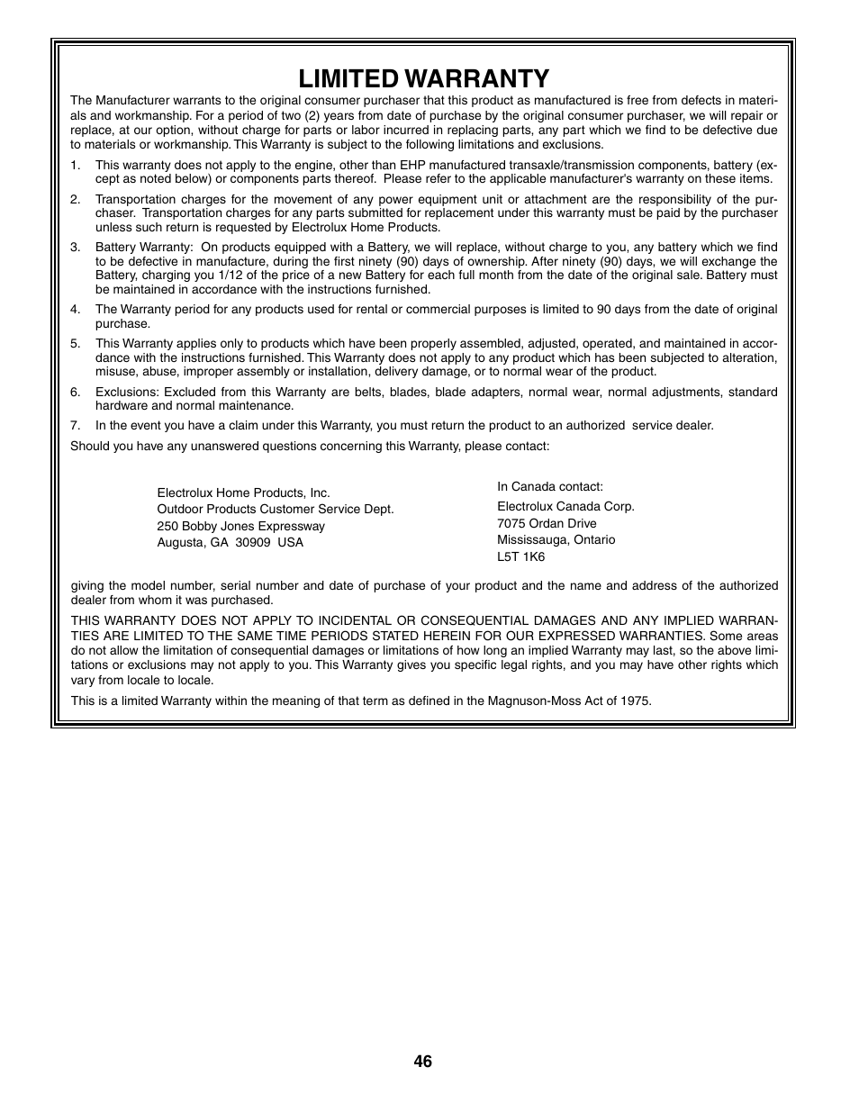 Limited warranty | Poulan 184617 User Manual | Page 46 / 48