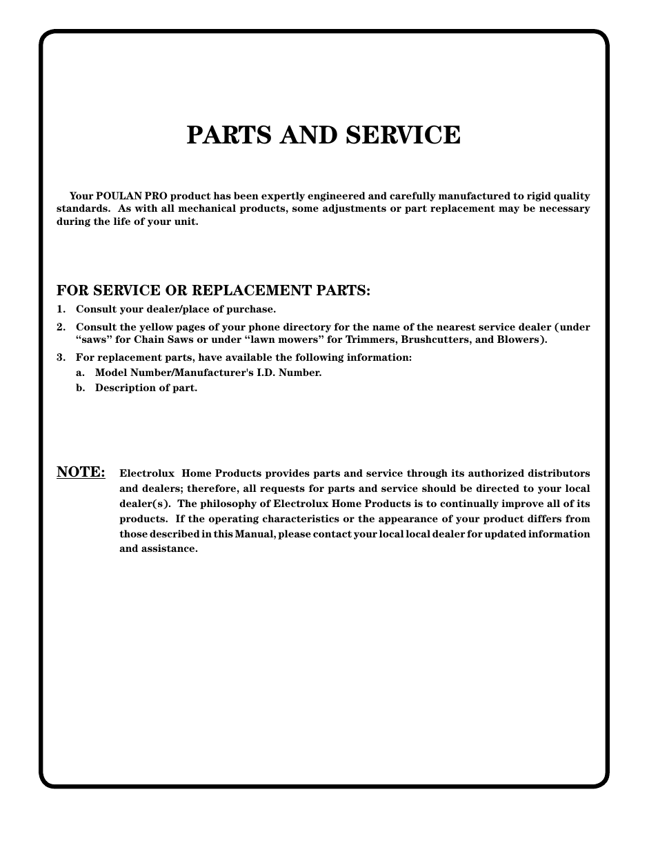 Parts and service, For service or replacement parts | Poulan 184617 User Manual | Page 48 / 48