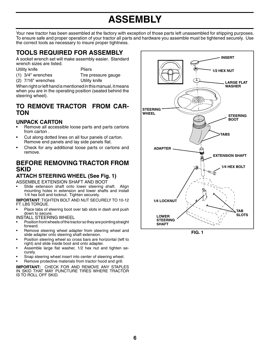 Assembly, Tools required for assembly, Before removing tractor from skid | Poulan 184617 User Manual | Page 6 / 48