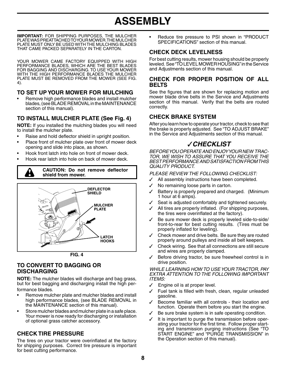 Assembly, Che cklist | Poulan 184617 User Manual | Page 8 / 48