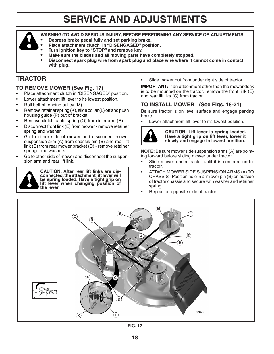 Service and adjustments, Tractor | Poulan 403808 User Manual | Page 18 / 30